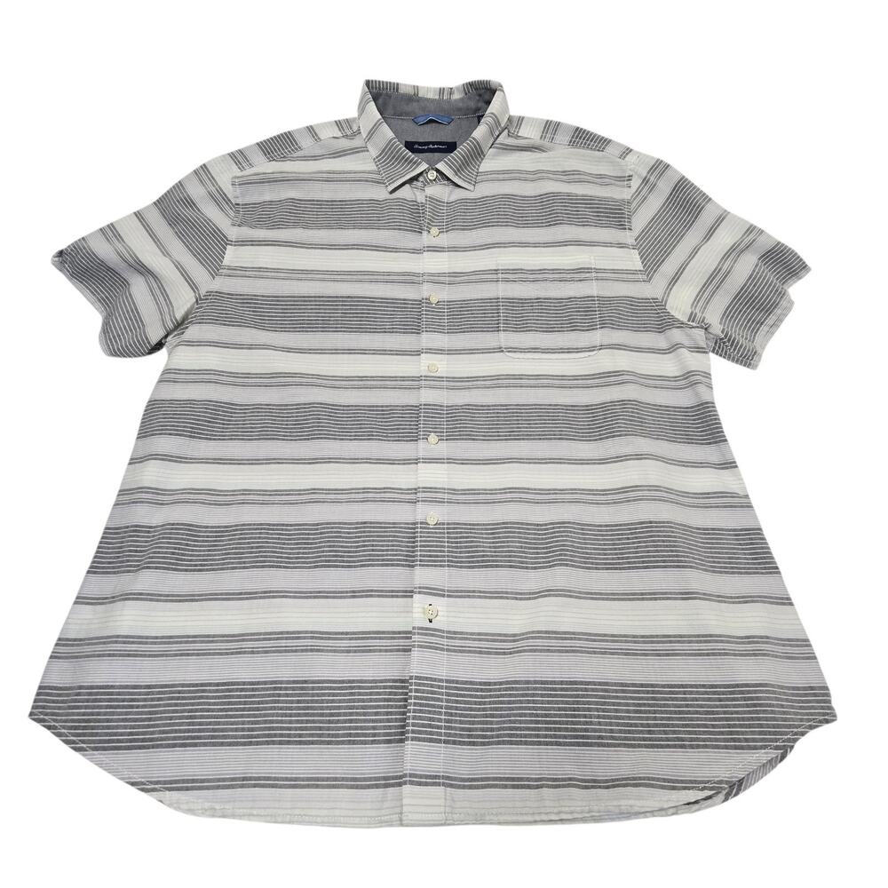 Tommy Bahama Mens 3XL/XXXL White Gray Striped Short Sleeve Button Up Cotton
